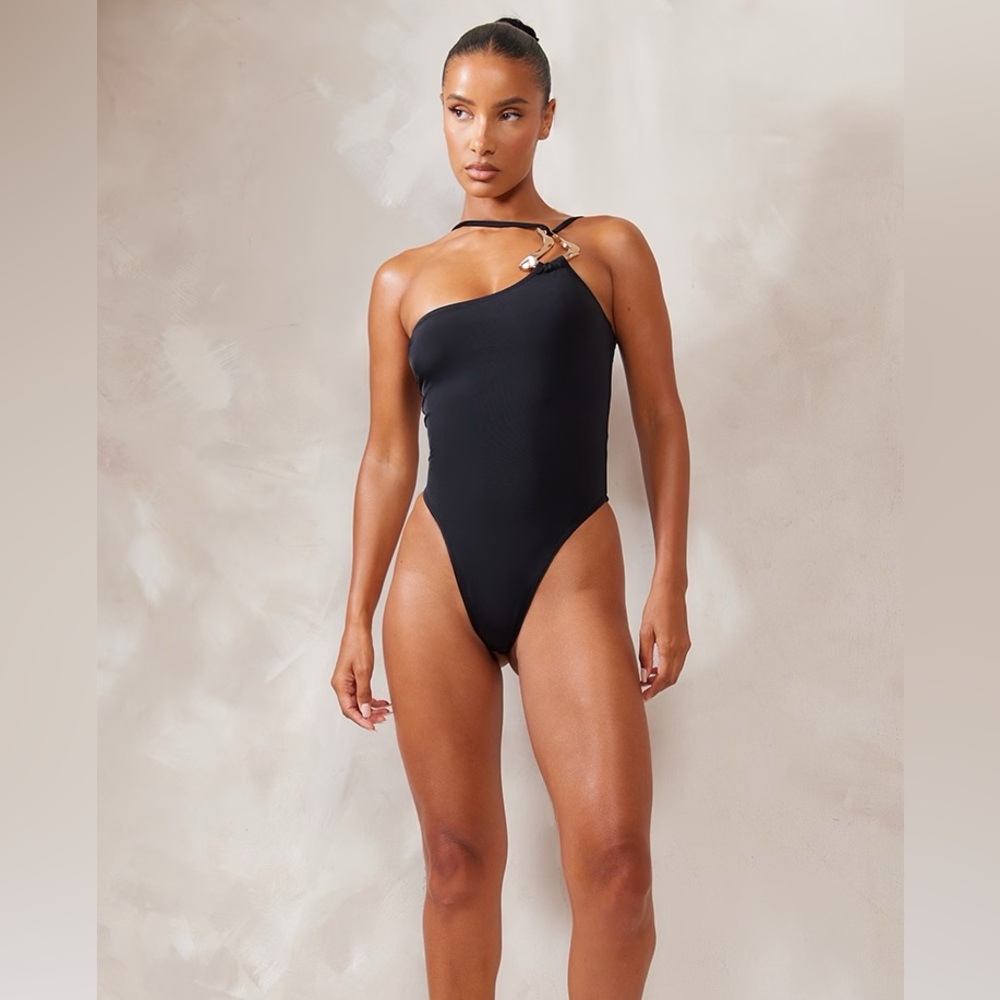 PrettyLittleThing Black Gold Trim Asymmetric Swimsuit size 2